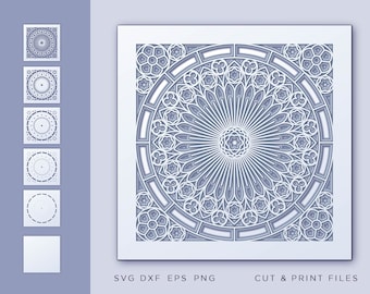 Pode incluir: Um design de arte em papel em camadas com um padrão circular detalhado que lembra uma rosácea de catedral. O design é em tons de azul e branco, com detalhes recortados intrincados. A imagem inclui o texto "SVG DXF EPS PNG CUT & PRINT FILES."