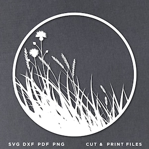 Prairie, Modèle papercut de fleurs, Encadré d'herbe, Fichiers découpés au laser, Création artistique en papier découpé, Découpé à la machine