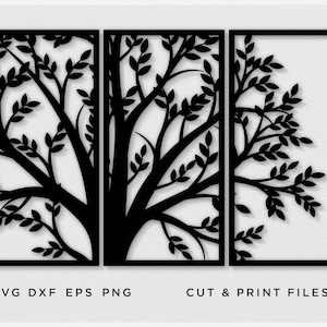 May include: Black tree silhouette art in three panels. The design features a detailed tree with branches and leaves, set against a white background. The text "SVG DXF EPS PNG" and "CUT & PRINT FILES" are at the bottom.