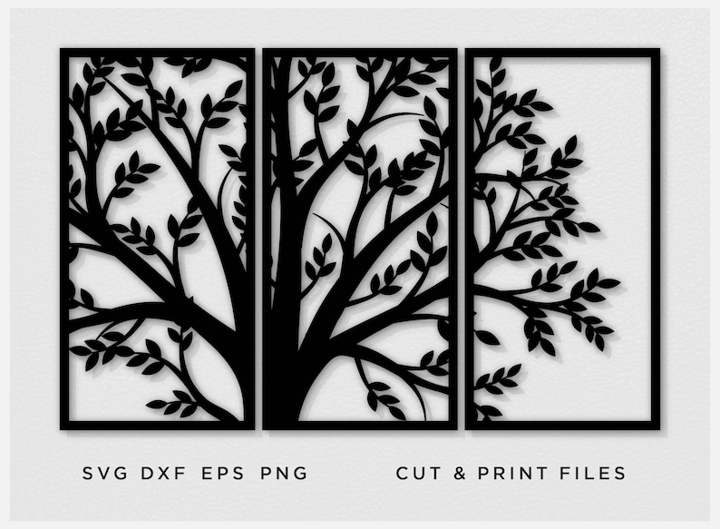 May include: Black tree silhouette art in three panels. The design features a detailed tree with branches and leaves, set against a white background. The text "SVG DXF EPS PNG" and "CUT & PRINT FILES" are at the bottom.