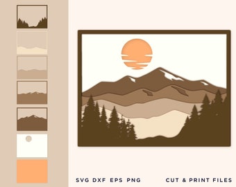 Laser cut files, DXF, SVG, Multi-layer files, Layered Landscape, Mountain Silhouette, Scandinavian style, CNC plan