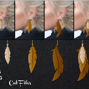 May include: Feather-shaped earrings in various shades of brown and beige, displayed in multiple variations. The earrings are shown on a person's ear and as individual cut files. The text "Cut Files" is visible.