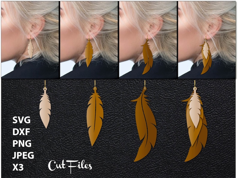 May include: Feather-shaped earrings in various shades of brown and beige, displayed in multiple variations. The earrings are shown on a person's ear and as individual cut files. The text "Cut Files" is visible.