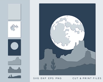 Desert night landscape, Png, Eps, Dxf, Svg, Multi-layer files, Layered Landscape, Mountain Silhouette, Scandinavian style. Laser cut