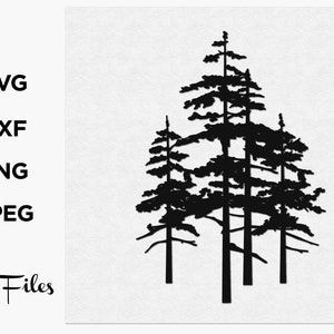 Könnte beinhalten: Schwarze Silhouette mehrerer Kiefern vor weißem Hintergrund. Das Bild enthält den Text "SVG, DXF, PNG, JPEG" und "Cut Files".
