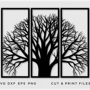 May include: A three-panel wall art piece featuring a black tree silhouette against a white background. The tree's branches are intricately detailed. The bottom of the image displays the text: SVG DXF EPS PNG, CUT & PRINT FILES.
