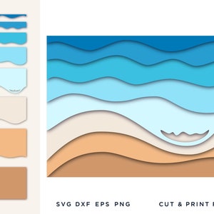 Op de afbeelding: Een gelaagd papierkunstontwerp met een strandscène in tinten blauw en bruin. Het ontwerp bevat golvende lagen die de oceaan en het zand voorstellen, met extra uitgesneden vormen. De tekst "SVG DXF EPS PNG" en "CUT & PRINT FILES" is zichtbaar.