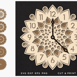 Wall Clock SVG, Cut file Mandala, Multilayer Mandala, 3D Vector digital templates, Dxf Svg Eps Png, SVG by layers, Cricut DIY, cnc plan