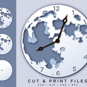 May include: A layered paper clock design resembling the moon, in white and blue. The clock face has black hands and numerals. The image also includes the text "CUT & PRINT FILES" and file type abbreviations such as SVG, DXF, PNG, and EPS.