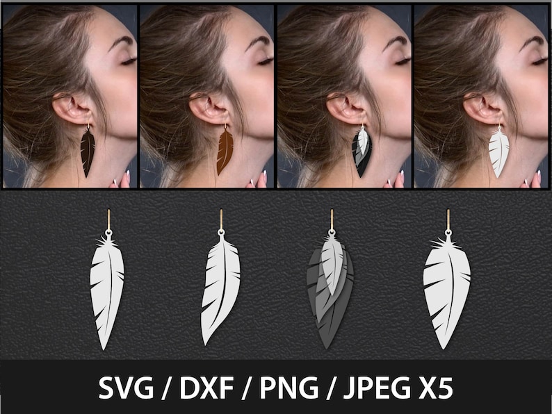 May include: A collection of feather-shaped earrings in various colors, including black, brown, and white. The earrings are shown worn on a person and as individual designs. The image also includes the text "SVG / DXF / PNG / JPEG X5".