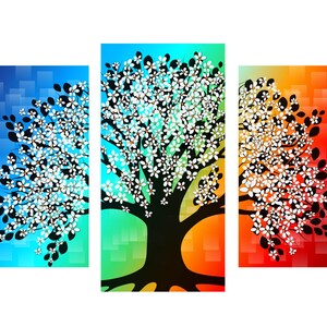 Puede incluir: Una obra de arte en tr&iacute;ptico que presenta un &aacute;rbol estilizado con flores blancas sobre un fondo degradado. Los paneles muestran tonos azules, verdes y rojos con un patr&oacute;n cuadrado. La silueta del &aacute;rbol es negra.