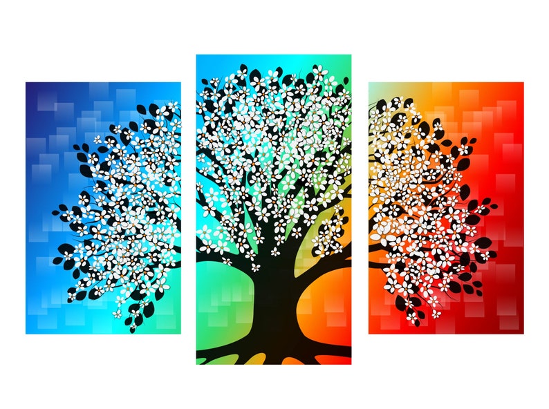 Puede incluir: Una obra de arte en tr&iacute;ptico que presenta un &aacute;rbol estilizado con flores blancas sobre un fondo degradado. Los paneles muestran tonos azules, verdes y rojos con un patr&oacute;n cuadrado. La silueta del &aacute;rbol es negra.