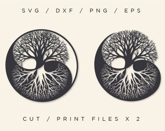 May include: Two Yin Yang designs featuring a tree silhouette, with roots and branches, in a dark gray color. The designs are for cut and print files, with the text "SVG / DXF / PNG / EPS" and "CUT / PRINT FILES X 2".