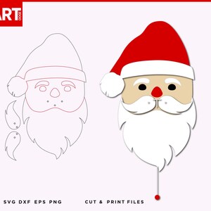 May include: A Santa Claus face design with a red hat, white beard, and a red nose. The image includes a line drawing of the same design. The text "CUT & PRINT FILES" and "SVG DXF EPS PNG" are also present.