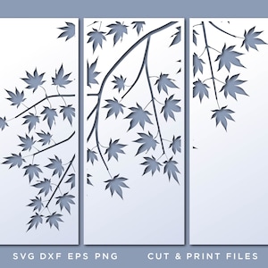 May include: Three-panel wall art with a cut-out design of maple leaves and branches. The leaves and branches are a darker grey against a white background. The text at the bottom reads "SVG DXF EPS PNG" and "CUT & PRINT FILES."