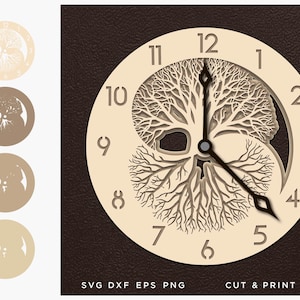May include: A layered wooden clock with a tree design, featuring a light beige face and dark brown hands. The clock face has the numbers 1 through 12. The background is a textured brown. The clock is a cut and print file.