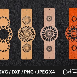 May include: Four laser-cut leather bookmarks in shades of tan and orange, each with a unique decorative design. The designs include hearts, spirals, and floral patterns. The text "SVG / DXF / PNG / JPEG X4" and "Cut Files" are visible.