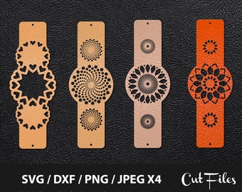 Pulsera de manguito, Pulsera de cuero SVG, Pulsera floral, Pulsera de cuero, Plantilla de corte, Plantillas de joyería de cuero Limas láser, DXF SVG