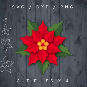 Modello di fiori Cricut Silhouette Cutting, modelli di fiori di carta Poinsettia, taglio SVG di Natale, decorazioni natalizie, fiori di Natale svg
