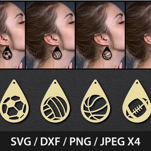 Sport Ball Earrings, Sport Earrings Svg, Earrings SVG - Tear Drop SVG - Pendant SVG - Earrings Bundle - Leather Earring - Jewelry Laser Cut
