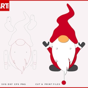 May include: A festive gnome design in red and white, featuring a long white beard, a red hat, and black gloves. The image also shows a cut-out template. Text at the bottom reads "SVG DXF EPS PNG" and "CUT & PRINT FILES".