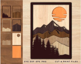 Laser cut files, DXF, SVG, Multi-layer files, Layered Landscape, Mountain Silhouette, Scandinavian style, CNC plan