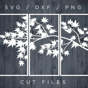 Op de afbeelding: Wit esdoornblad takontwerp in drie rechthoekige frames tegen een donkere houtnerf achtergrond. De afbeelding bevat de tekst "SVG / DXF / PNG" bovenaan en "CUT FILES" onderaan.