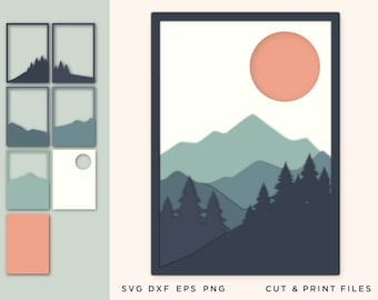 Muur kunst 3D, Pine Tree SVG, Bestand voor Cricut, Gelaagde Berg svg - Forest Clip Art, Forest Png, Bomen Silhouet, Forest Dxf cnc bestand