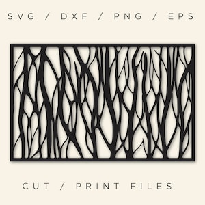 May include: A black rectangular design featuring an abstract pattern of interconnected, organic shapes resembling tree branches. The top of the image reads "SVG / DXF / PNG / EPS" and the bottom reads "CUT / PRINT FILES".
