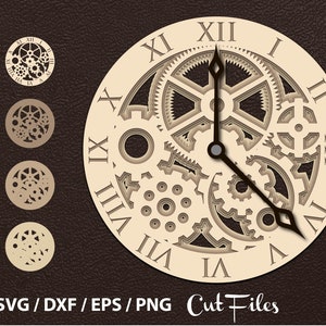 May include: A layered, beige-colored clock design with Roman numerals and visible gears. The clock hands point to approximately 4:20. Four smaller circular designs with gears are shown to the left. The words "SVG / DXF / EPS / PNG Cut Files" are at the bottom.