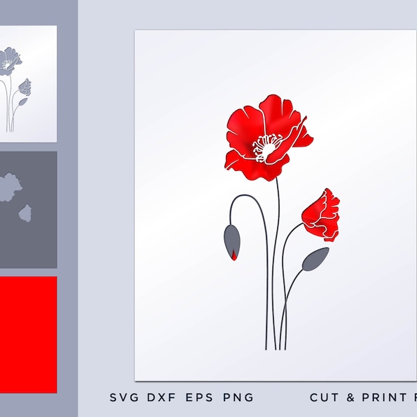 Red Poppies Cricut Silhouette Cutting, Paper Poppy Flowers Templates, Poppy Flower SVG cut, Christmas decor, Wild Poppies Theme