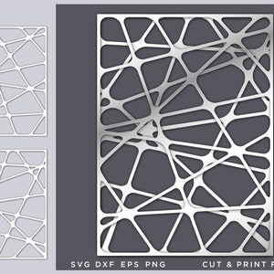 May include: A digitally rendered design featuring a layered, abstract pattern of interconnected lines and shapes in shades of white and gray. The design is presented in multiple formats, including SVG, DXF, EPS, and PNG, suitable for cutting and printing.