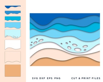 3D blauwe golf, Oceaan diepten Multi kleur lagen, papercut, vector, Papier gesneden svg, Bestand voor Cricut, Diorama, Silhouet, 3d papier, svg golf