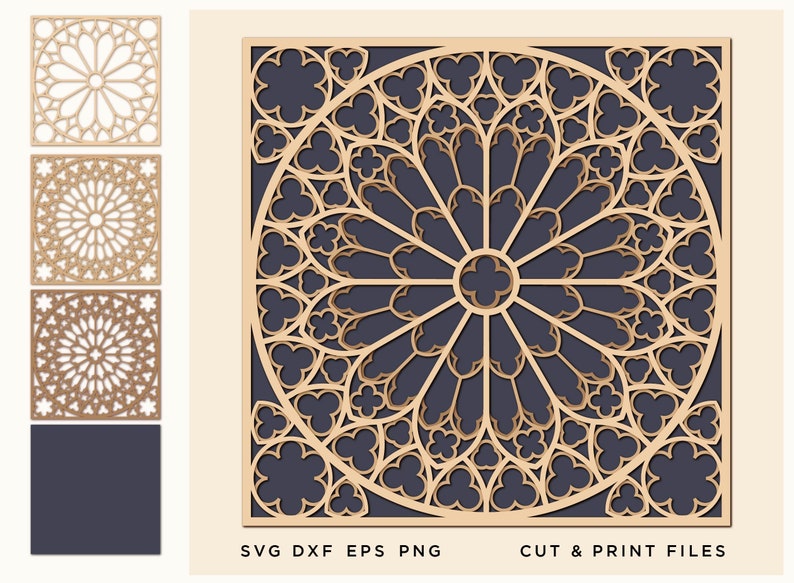 May include: Laser-cut wooden decorative panels featuring intricate geometric designs. The panels include a large circular pattern resembling a rose window, and three smaller square panels with similar designs. The color is a light tan against a dark blue background.