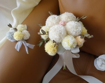 Unique wedding bouquet, Pompom flowers bouquet, White greenery bouquet, spring summer wedding