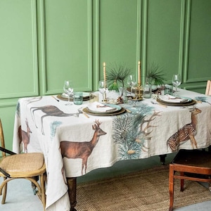 Natural Linen Tablecloth with Wild Animal Prints, Woodland Table Cloth, Lodge Table Decor