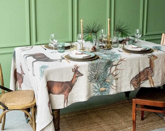 Natural Linen Tablecloth with Wild Animal Prints, Woodland Table Cloth, Lodge Table Decor