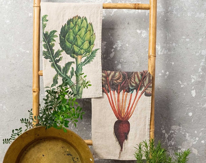 Set of Natural Linen Farmhouse Kitchen Towels Artichoke & Beetroot, Vegetable Print Tea Towel Set, Country House Dish Towel