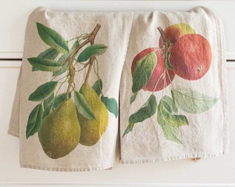 Juego de 2 paños de cocina de lino con estampados de manzana y pera, juego de toallas de té de lino, toalla de plato impresa, decoración de cocina rústica, regalo de jardinero