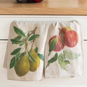 Set di 2 strofinacci da cucina in lino con stampe di mele e pere, set di strofinacci da cucina in lino, strofinaccio stampato, arredamento rustico per la cucina, regalo per giardiniere