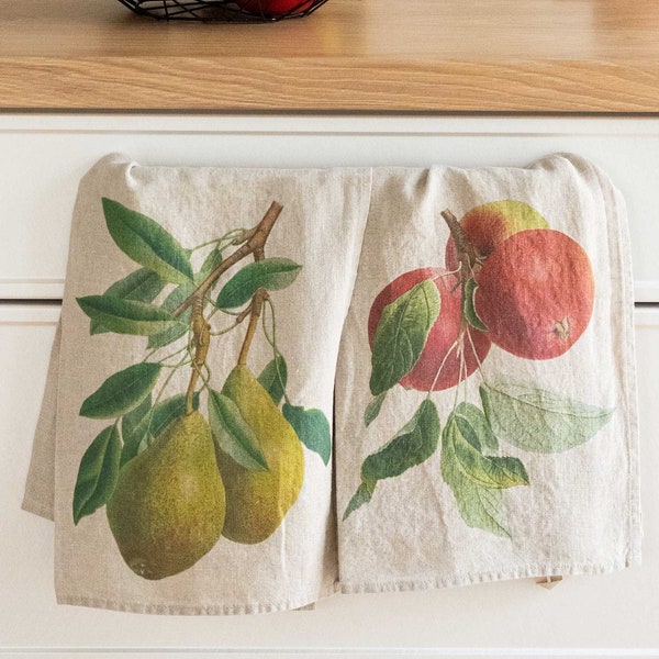 Ensemble de 2 essuie-tout en lin avec imprimés pomme et poire, ensemble de torchons en lin, serviette à vaisselle imprimée, décor de cuisine rustique, cadeau de jardinier