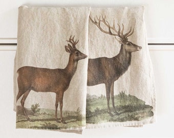 Set of Linen Kitchen Towels With Deer and Roe Deer Prints, Wild Animals Design Tea Towels, Printed Woodland Christmas Kitchen Towel