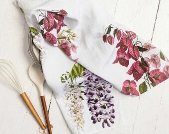 Set of White Linen Kitchen Towels With Wisteria and Bougainvillea Prints, Floral Tea Towels, Printed Country House Dish Towel