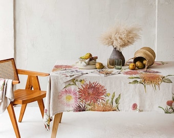 Natural Linen Tablecloth with Country Flowers Prints, Floral Fall Table Cloth, Botanical Autumn Table Decor