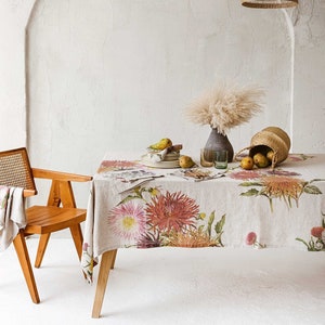 Natural Linen Tablecloth with Country Flowers Prints, Floral Fall Table Cloth, Botanical Autumn Table Decor image 1