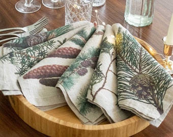 Set of Washed Linen Napkins with Conifer Tree Print, Woodland Cloth Napkins, Botanical Table Decor