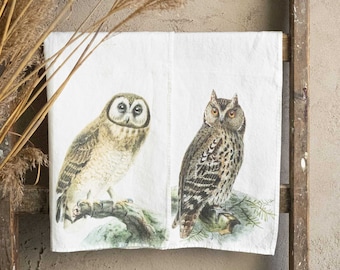 Set of Linen Kitchen Towels With Owl Prints, Forest Birds Tea Towels, Printed Cabin Kitchen Towel