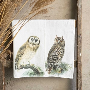 Set of Linen Kitchen Towels With Owl Prints, Forest Birds Tea Towels, Printed Cabin Kitchen Towel