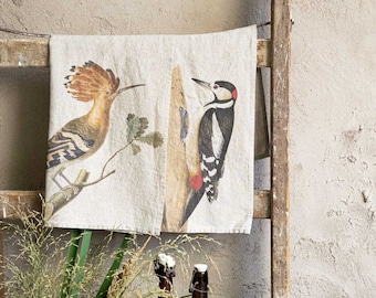 Set of Linen Kitchen Towels With Woodland Birds Prints, Forest Woodpecker and Hoopoe Tea Towels, Printed Country House Kitchen Towel