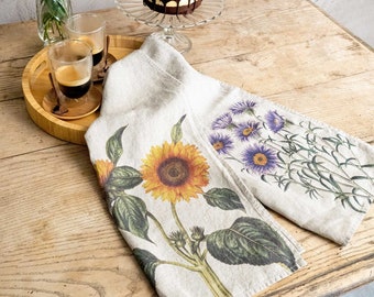 Set of Linen Kitchen Towels With Sunflower and Aster Prints, Floral Tea Towels, Printed Country House Kitchen Towel